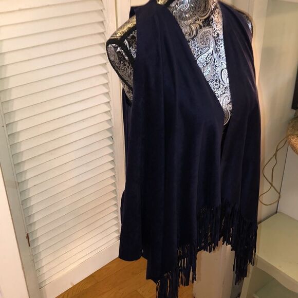 INC Boho Fringe Vegan Suede Vest in Deep Midnight 🕛 Blue. - Picture 5 of 9